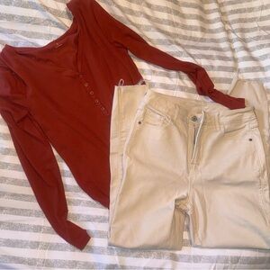 2PC- Rust Ribbed Long Sleeve Top and High Rise Super Skinny Cream Jeans